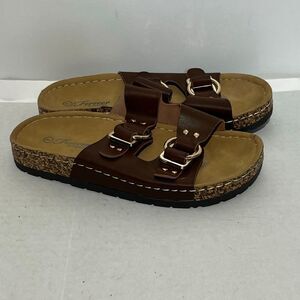 Forever Comfort Women's Brown Dual-Strap Cork Flat Slip-On Sandals Size 7